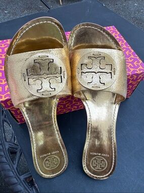 Tory Burch Metallic Gold Leather Slide Mules